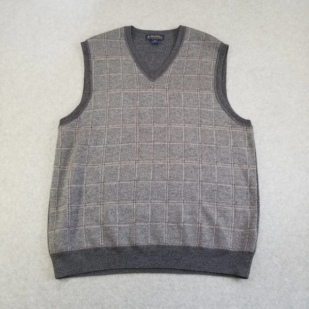 Brooks Brothers Sweater Vest Mens Extra Large Gray Merino Wool Plaid VTG